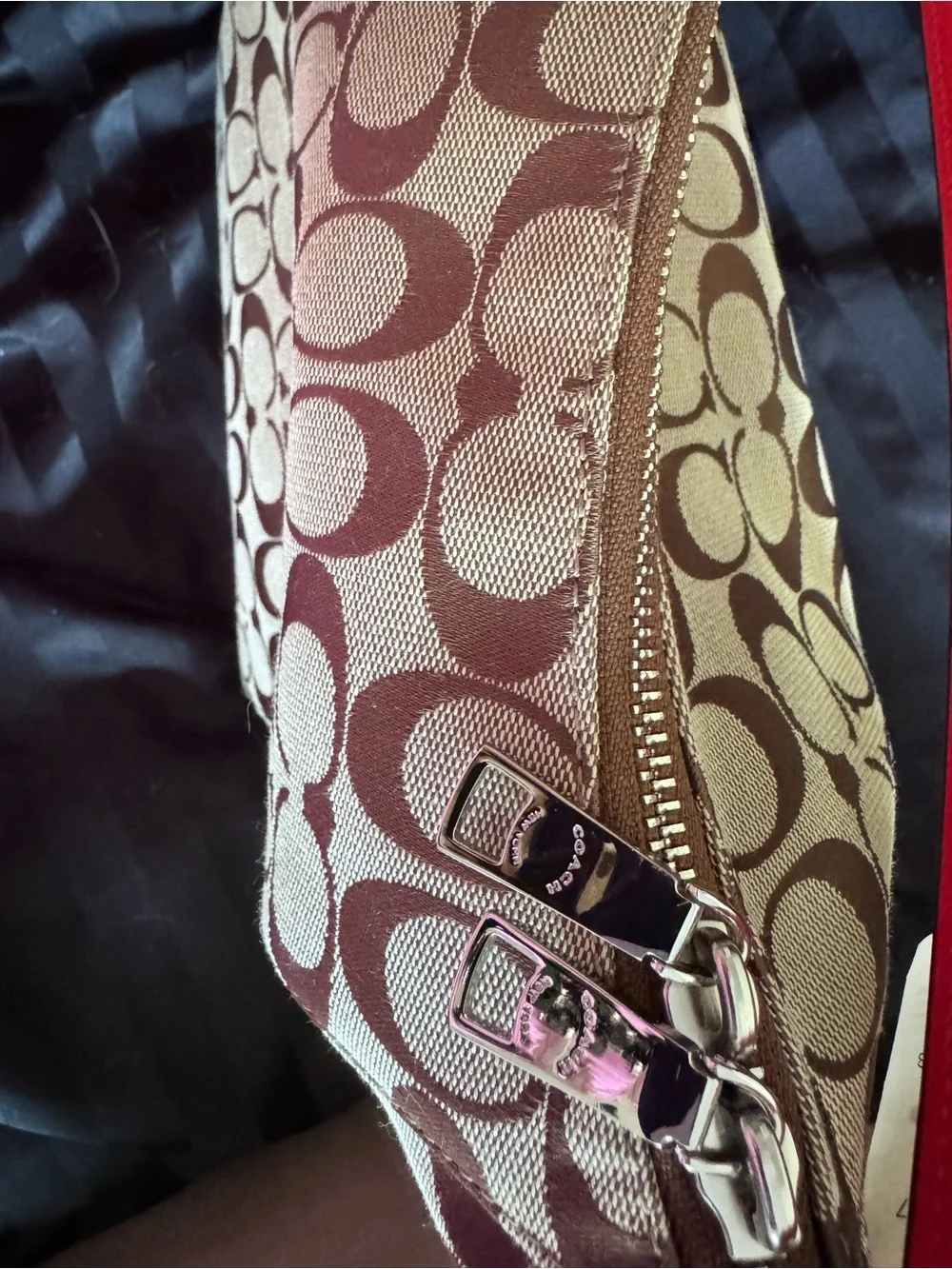 NWT Coach Signature Convertible Canvas Hobo Bag in Khaki w/Coral Accents